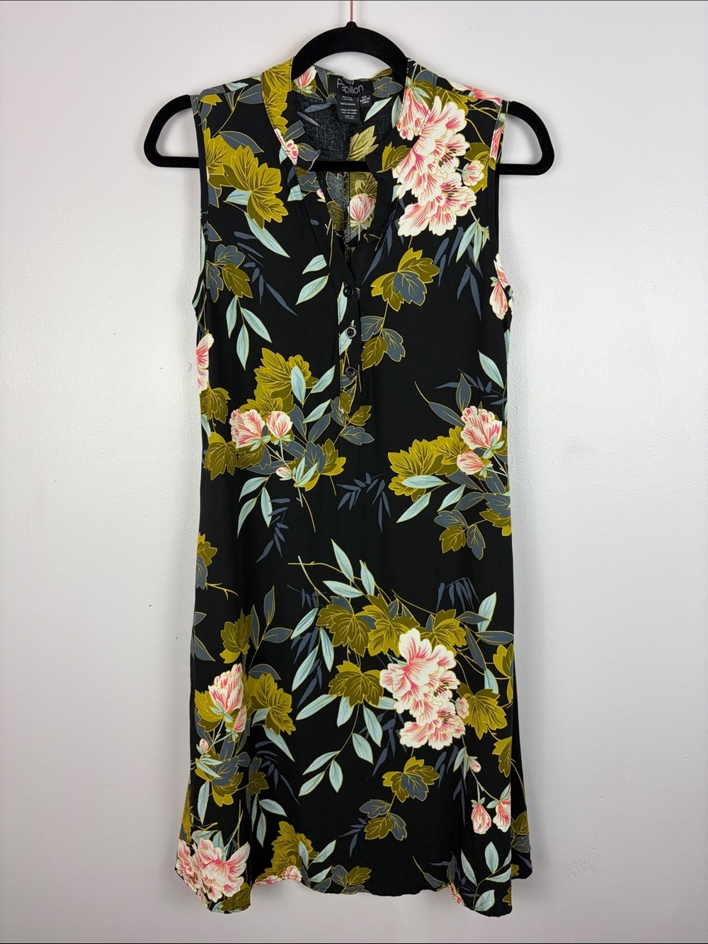 Papillon Floral Sleeveless Tunic Dress XS Black Viscose Pocket Top - Picture 2 of 13